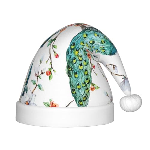 MQGMZ Schöne Weihnachtsmütze mit Pfauenblumen-Aufdruck, für Kinder, Weihnachtsmannmütze, perfekte Weihnachtsmütze, Urlaubsparty-Zubehör von MQGMZ