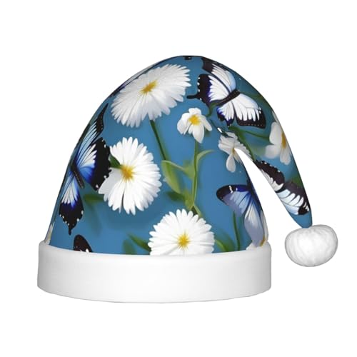 MQGMZ Weihnachtsmütze mit blauen Schmetterlingen und weißen Blumen für Kinder, Weihnachtsmannmütze, perfekte Weihnachtsmütze, Urlaubsparty-Zubehör von MQGMZ