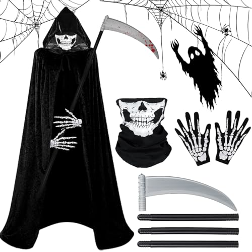 MQIAN Sensenmann Kostüm, Halloween Umhang Schwarz, Sensenmann Umhang Mit Kapuze, Sensenmann Kostüm Herren Damen, Halloween Kostüm Mit Schädelmaske, Sense, Skelett Handschuhe, Umhang MQIAN Sensenmann Kostüm, Halloween Umhang Schwarz, Sensenmann Umhang Mit Kapuze, Sensenmann Kostüm Herren Damen, Halloween Kostüm Mit Schädelmaske, Sense, Skelett Handschuhe, Umhang von MQIAN