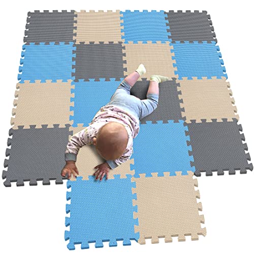 MQIAOHAM 18 Pieces krabbeldecke wasserdicht Teppich Kinder Matte für Baby Puzzle Boden matten Play Gym puzzlematten spielmatten Schaum puzzlematte Kleinkind Schaumstoff Blau Beige Grau 107110112 von MQIAOHAM