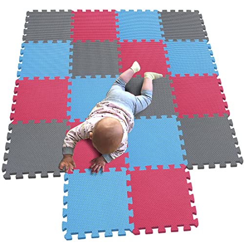 MQIAOHAM 18 Pieces krabbeldecke wasserdicht Teppich Kinder Matte für Baby Puzzle Boden matten Play Gym puzzlematten spielmatten Schaum puzzlematte Kleinkind Schaumstoff Blau Rosa Grau 107109112 von MQIAOHAM