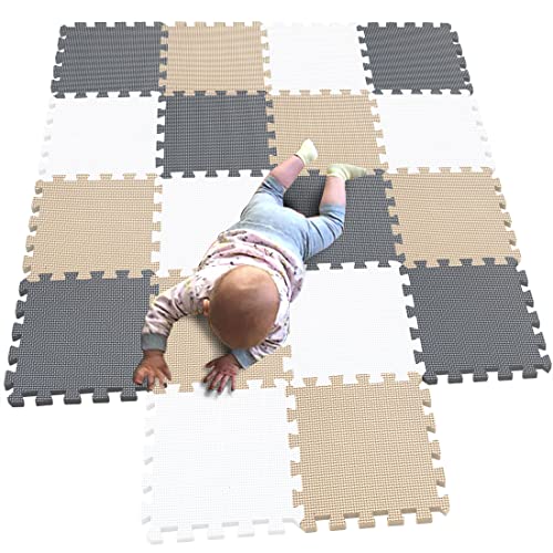 MQIAOHAM 18 Pieces krabbeldecke wasserdicht Teppich Kinder Matte für Baby Puzzle Boden matten Play Gym puzzlematten spielmatten Schaum puzzlematte Kleinkind Schaumstoff Weiß Beige Grau 101110112 von MQIAOHAM