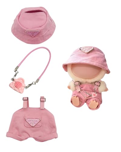 MQLSAERI Kleidung Kompatibel mit Puppen, Overall mit verstellbaren Trägern Mütze Brille Blumentasche für die 17 cm Mini Plüsch Puppen Plüschpuppe, Nicht im Lieferumfang Enthalten Rosa von MQLSAERI
