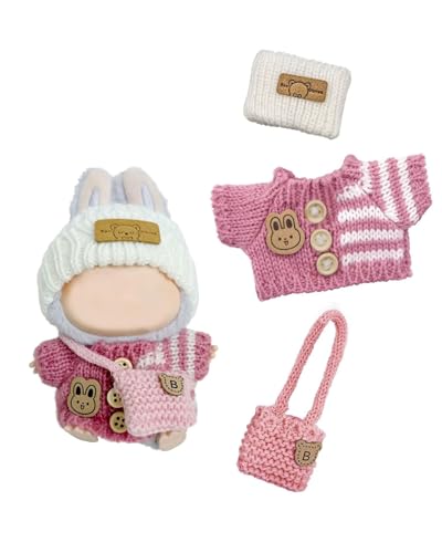 MQLSAERI Kleidung Set, L-a-b-u-b-u Perfektes Zubehör, Ideal Für Sammler Und Kinder, Weiches Material In Rosa Farbe，Weiße Mütze Und Rosa Kleidung Mit Tasche, Mini Kuscheltier Kleidung (Pink) von MQLSAERI