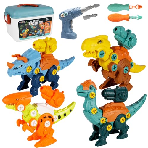 MQVXT Dinosaurier Montage Spielzeug,4 Stück Pädagogisches Dinosaurier Take Apart Spielzeug für Kinder,DIY Dinosaurier Spielzeug mit Elektrobohrer,Schraubendreher,Geschenk for Kinder ab 3 4 5 6 7 von MQVXT