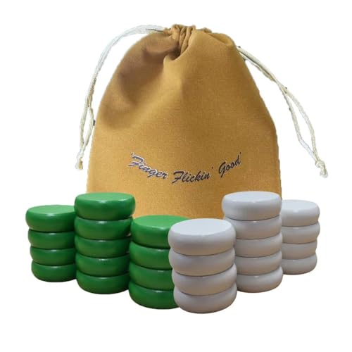 Crokinole Turnierscheiben Weiß & Grün, Set mit 26 Spielsteinen, Offizielle Größe 1-1/4 Zoll, Hartholz, Glatte Oberfläche, Ersatzsteine & Aufbewahrungstasche von MR. CROKI.EU