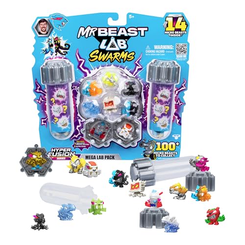 MrBeast Lab Swarms Hyper Fusion-Serie, über 100 einzigartige Hyper Fusion Swarms zum Sammeln, Mega-Laborpackung mit 14 Mini-Monstern, 14 Sammelstickern & 4 Fusions-Kapseln von MRBEAST LAB