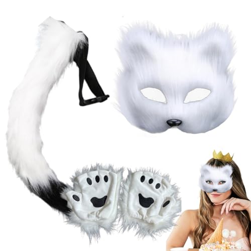 MRDLKNX Therian Maske, Kunstfell Fuchsschwanz Katze Wolf Cosplay Kostüm Set, Plüschmaske mit Flauschigem Schwanz & Pfote Handschuhe, Halbgesichtsmaskerade Maske für Cosplay Kostüm Fancy Party (Weißer von MRDLKNX