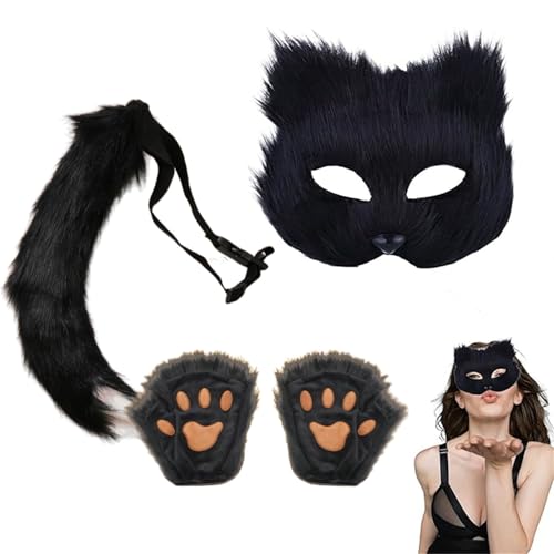 MRDLKNX Therian Maske, Kunstfell Fuchsschwanz Katze Wolf Cosplay Kostüm Set, Plüschmaske mit Flauschigem Schwanz & Pfote Handschuhe, Halbgesichtsmaskerade Maske für Cosplay Kostüm Fancy Party von MRDLKNX