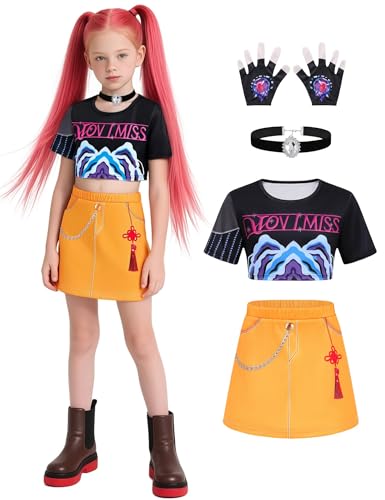 demon hunters costume rumi costume Kids Girls Pop Singer Costume Halloween Cosplay Stage Clothes Merch 4-14 Years demon birthday decorations dolls (RUMI-A, 160) von MRRTIME