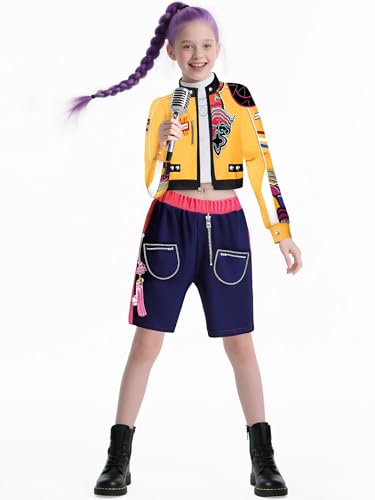 demon hunters costume rumi costume Kids Girls Pop Singer Costume Halloween Cosplay Stage Clothes Merch 4-14 Years demon birthday decorations dolls (RUMI-E, 120) von MRRTIME