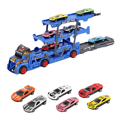 Auto Transporter Truck Toys Mega Transporter Truck mit 6 Mini -Autos DREI Schicht Klappfahrzeuge für Mädchen für Geburtstage Weihnachten und Kuchendekoration Rotblau Grau (B) von MRSTORY