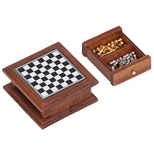 Miniatur-Schach-Set Exquisite Mini-Schachbrett-Set Puppenhaus-Möbel Zubehör Schach-Tisch-Set für Puppenhaus-Dekoration Birke Metall von MRSTORY