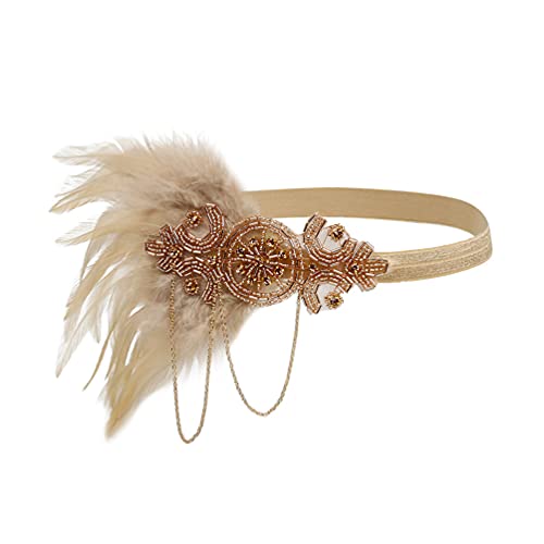 MRVAKDYDI Fascinator Spitze Feder Hut für Frauen, 1920er Jahre Flapper Stirnband Strass Haarband Kopfschmuck Kopfschmuck Party Stirnband(Champagne) von MRVAKDYDI