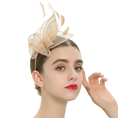 MRVAKDYDI Fascinator Spitze Feder Hut für Frauen, Damen Tea Party Derby Hüte Hochzeit Cocktail Jute Mesh Federn Kopfbedeckung Kirche Hüte(Golden,1 count (Pack of 1)) von MRVAKDYDI