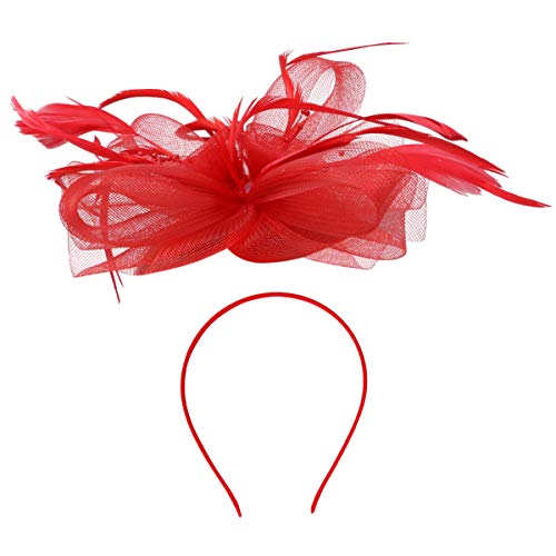 MRVAKDYDI Fascinator Spitze Feder Hut für Frauen, Feder Mesh Kopfschmuck Stirnband Hüte Haarspangen Haar Topper(Red) von MRVAKDYDI