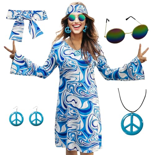 MRYUWB 70er-Hippie-Kleid-Kostüm, Halskette, Ohrringe, Sonnenbrille, Disco-Outfit, 60er-Jahre-Party-Kostüm, Halloween-Retro-Kleider (Blau, Größe XXL) von MRYUWB