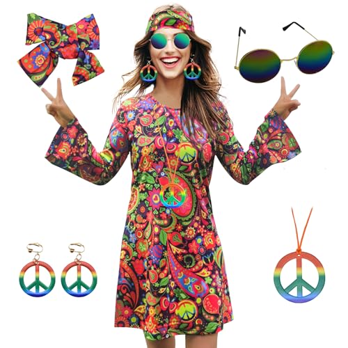 MRYUWB Hippie-Kleid für Damen im Stil der 1970er- Jahre, Kostüm mit Halskette, Ohrringen, Sonnenbrille, Disco-Kostüm, 60er-Party-Kostüm, Halloween-Retro-Kleid, Retro-Blumen, Größe 2XL von MRYUWB