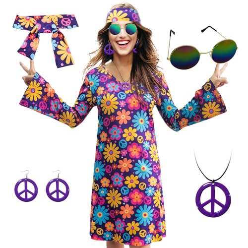 MRYUWB 70er-Hippie-Kleid-Kostüm, Halskette, Ohrringe, Sonnenbrille, Disco-Outfit, 60er-Jahre-Party-Kostüm, Halloween-Retro-Kleider (lila, Größe XXL) von MRYUWB