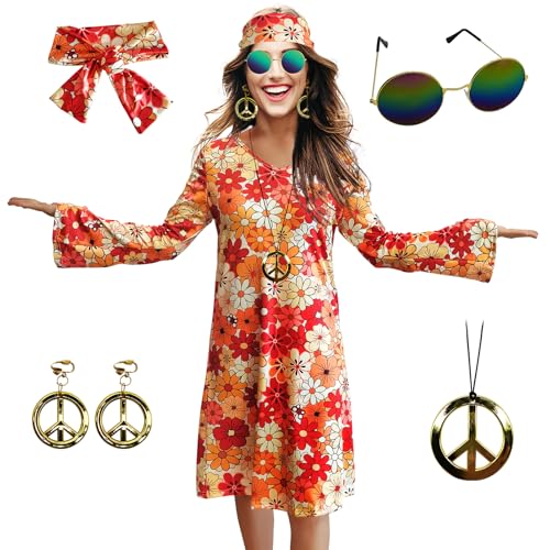 MRYUWB 70er-Hippie-Kostüm, Halskette, Ohrringe, Sonnenbrille, Disco-Outfit, 60er-Jahre-Party-Kostüm, Halloween-Retro-Kleider, Flower Power Orange, L von MRYUWB