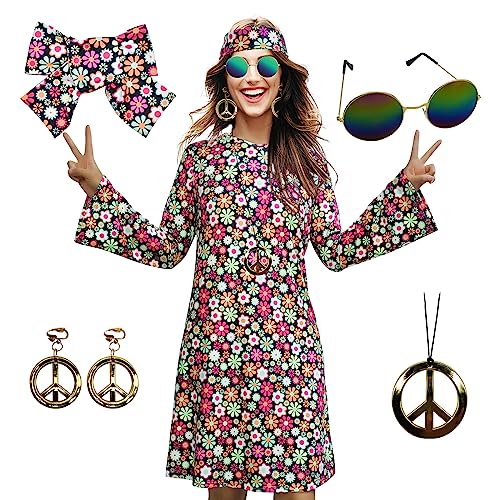 MRYUWB 70er-Hippie-Kleid-Kostüm für Damen, mit Halskette, Ohrringe, Sonnenbrille, Disco-Kostüm, 60er-Party-Kostüm, Halloween Retro-Kleider (Lebendiges Blumenmuster, XXL) von MRYUWB
