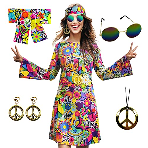 MRYUWB 70er-Hippie-Kleid-Kostüm für Damen, mit Halskette, Ohrringe, Sonnenbrille, Disco-Kostüm, 60er-Party-Kostüm, Halloween Retro-Kleider (Vintage-Kleid mit Liebe- und Frieden-Muster, L) von MRYUWB