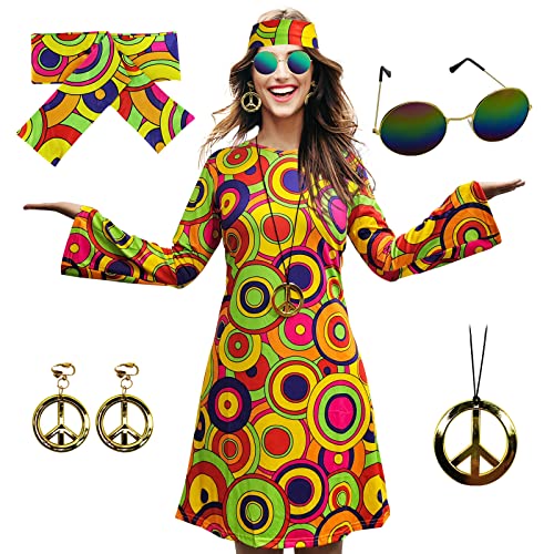 MRYUWB 70er-Hippie-Kleid-Kostüm für Damen, mit Halskette, Ohrringe, Sonnenbrille, Disco-Kostüm, 60er-Party-Kostüm, Halloween Retro-Kleider (Vintage-Kleid mit Kreismuster, 3XL) von MRYUWB