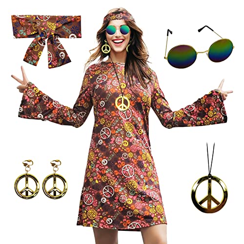 MRYUWB 70er-Hippie-Kleid-Kostüm für Damen, mit Halskette, Ohrringe, Sonnenbrille, Disco-Kostüm, 60er-Party-Kostüm, Halloween Retro-Kleider (Braun, 3XL) von MRYUWB