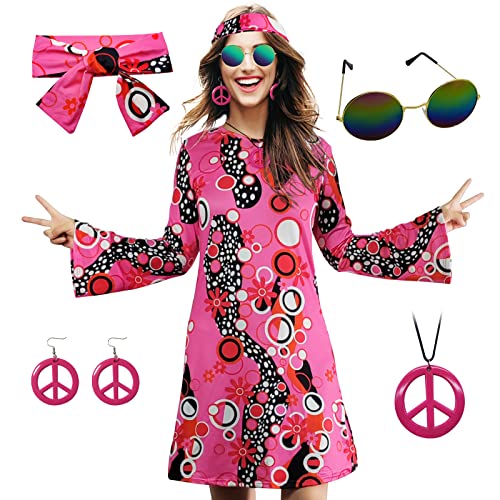 MRYUWB 70er-Hippie-Kleid-Kostüm für Damen, mit Halskette, Ohrringe, Sonnenbrille, Disco-Kostüm, 60er-Party-Kostüm, Halloween Retro-Kleider (Rosa, XXL) von MRYUWB