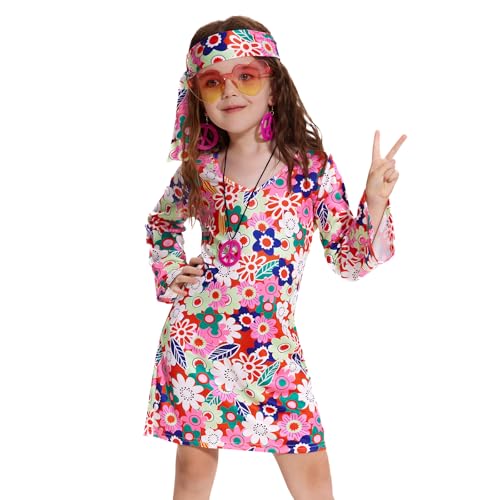 MRYUWB 70er Jahre Hippie Kleid für Mädchen, 70er Jahre Outfits Peace Sign Halskette Stirnband, 60er Jahre Thema Party Kostüme für Kinder 5-14 Jahre (Blume Pink, 13-14 Jahre) von MRYUWB