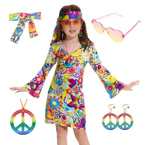 MRYUWB 70er Jahre Hippie Kleid für Mädchen, 70er Jahre Outfits Peace Sign Halskette Stirnband, 60er Jahre Thema Party Kostüme für Kinder 5-14 Jahre (Frieden Liebe Farbenfroh, 9-10 Jahre) von MRYUWB