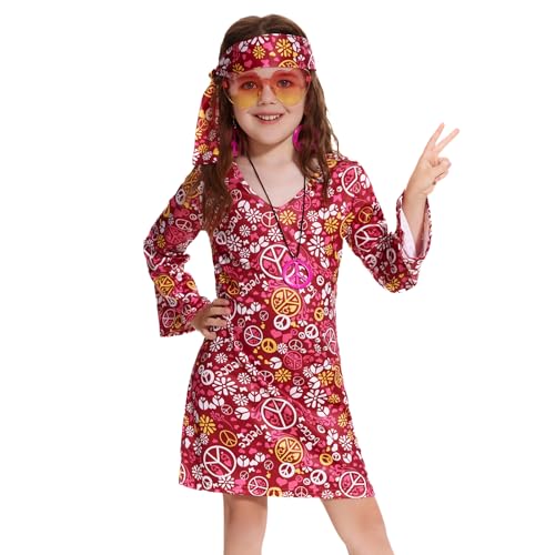 MRYUWB 70er Jahre Hippie Kleid für Mädchen, 70er Jahre Outfits Peace Sign Halskette Stirnband, 60er Jahre Thema Party Kostüme für Kinder 5-14 Jahre (Friedenszeichen Rose, 5-6 Jahre) von MRYUWB