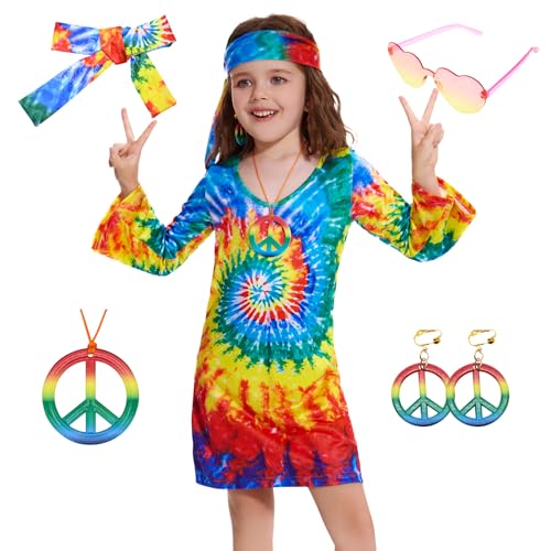 MRYUWB 70er Jahre Hippie Kleid für Mädchen, 70er Jahre Outfits Peace Sign Halskette Stirnband, 60er Jahre Thema Party Kostüme für Kinder 5-14 Jahre (Krawatte Farbstoff Regenbogen, 7-8 Jahre) von MRYUWB