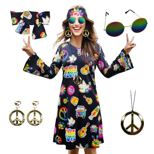 MRYUWB Damen-Hippie-Kleid, 1970er-Kostüm, mit Halskette, Ohrringen, Sonnenbrille, Disco-Outfit, 1960er-Party-Kostüm, Halloween Retro-Kleid MRYUWB Damen-Hippie-Kleid, 1970er-Kostüm, mit Halskette, Ohrringen, Sonnenbrille, Disco-Outfit, 1960er-Party-Kostüm, Halloween Retro-Kleid von MRYUWB