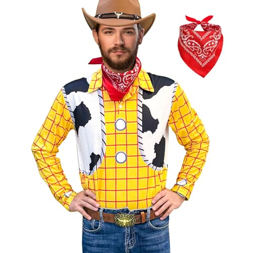 MRYUWB Western-Cowboy-Outfits für Herren, bedruckt, kariert, Hemd, Halstuch für Halloween, Kostüm, Cosplay, gelb, S MRYUWB Western-Cowboy-Outfits für Herren, bedruckt, kariert, Hemd, Halstuch für Halloween, Kostüm, Cosplay, gelb, S von MRYUWB