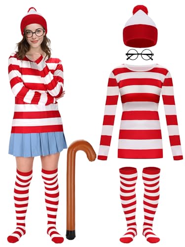 MS.ING Halloween-Kostüm-Set für Erwachsene, Damen, Herren, rot-weiß gestreiftes T-Shirt, Beanie, Socken, Brille, Stab für Halloween, Cosplay, Rot / Weiß für Damen, X-Large MS.ING Halloween-Kostüm-Set für Erwachsene, Damen, Herren, rot-weiß gestreiftes T-Shirt, Beanie, Socken, Brille, Stab für Halloween, Cosplay, Rot / Weiß für Damen, X-Large von MS.ING