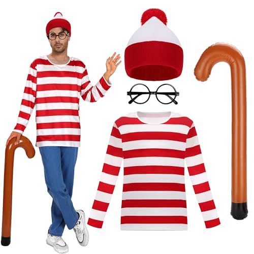 MS.ING Halloween-Kostüm-Set für Erwachsene, Damen, Herren, rot-weiß gestreiftes T-Shirt, Beanie, Socken, Brille, Stab für Halloween, Cosplay, Rot / Weiß für Herren, XXL MS.ING Halloween-Kostüm-Set für Erwachsene, Damen, Herren, rot-weiß gestreiftes T-Shirt, Beanie, Socken, Brille, Stab für Halloween, Cosplay, Rot / Weiß für Herren, XXL von MS.ING