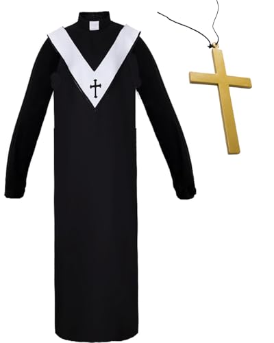 MSSmile-FANKID Priester-Kostüm für Herren, Priester-Kostüm, Klerus, Gewand, Lob, Anbetung, Robe, Priesteroutfit mit Kreuz (Schwarz 1, Onsezie) von MSSmile-FANKID