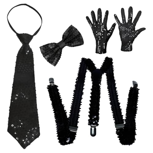 MSemis 70er Retro Disco Pailletten Hut Glitzer Vorgebundene Krawatte Handschuhe Hosenträger Für Halloween Funky Kostümparty Typ A Schwarz 4 Stück Einheitsgröße von MSemis