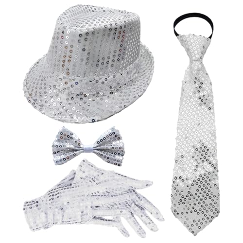 MSemis 70er Retro Disco Pailletten Hut Glitzer Vorgebundene Krawatte Handschuhe Hosenträger Für Halloween Funky Kostümparty Typ B Silber 4 Stück Einheitsgröße von MSemis