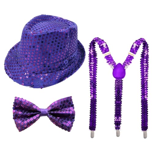 MSemis 70er Retro Disco Pailletten Hut Glitzer Vorgebundene Krawatte Handschuhe Hosenträger Für Halloween Funky Kostümparty Typ D Lila 3 Stück Einheitsgröße MSemis 70er Retro Disco Pailletten Hut Glitzer Vorgebundene Krawatte Handschuhe Hosenträger Für Halloween Funky Kostümparty Typ D Lila 3 Stück Einheitsgröße von MSemis