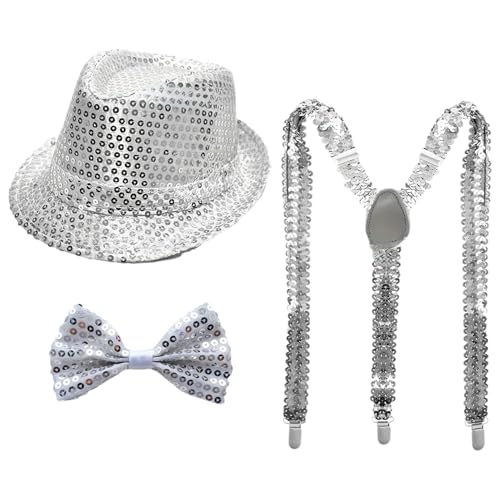 MSemis 70er Retro Disco Pailletten Hut Glitzer Vorgebundene Krawatte Handschuhe Hosenträger Für Halloween Funky Kostümparty Typ D Silber 3 Stück Einheitsgröße MSemis 70er Retro Disco Pailletten Hut Glitzer Vorgebundene Krawatte Handschuhe Hosenträger Für Halloween Funky Kostümparty Typ D Silber 3 Stück Einheitsgröße von MSemis