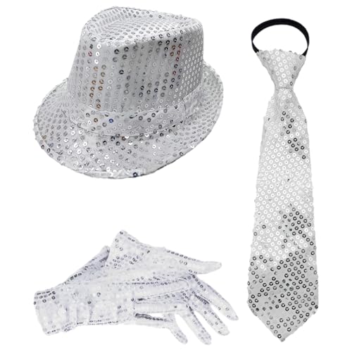 MSemis 70er Retro Disco Pailletten Hut Glitzer Vorgebundene Krawatte Handschuhe Hosenträger Für Halloween Funky Kostümparty Typ E Silber 3 Stück Einheitsgröße MSemis 70er Retro Disco Pailletten Hut Glitzer Vorgebundene Krawatte Handschuhe Hosenträger Für Halloween Funky Kostümparty Typ E Silber 3 Stück Einheitsgröße von MSemis