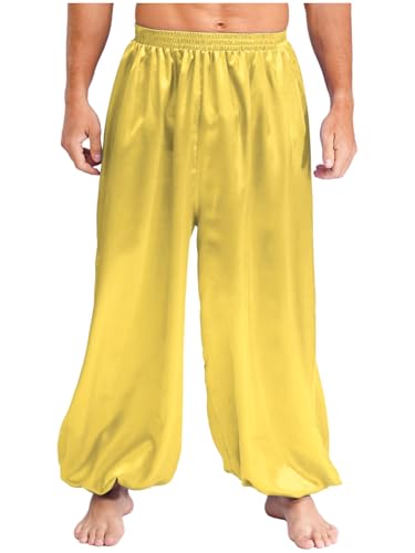 MSemis Aladinhose Herren Pumphose Satin Bloomers Loose Lang Baggy Tanzhosen Weites Bein Orient Prinz Kostüm Gelb XL von MSemis