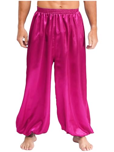 MSemis Aladinhose Herren Pumphose Satin Bloomers Loose Lang Baggy Tanzhosen Weites Bein Orient Prinz Kostüm Hot Pink M von MSemis