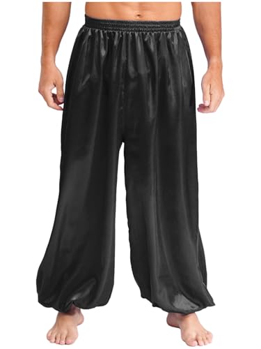 MSemis Aladinhose Herren Pumphose Satin Bloomers Loose Lang Baggy Tanzhosen Weites Bein Orient Prinz Kostüm Schwarz XXL von MSemis
