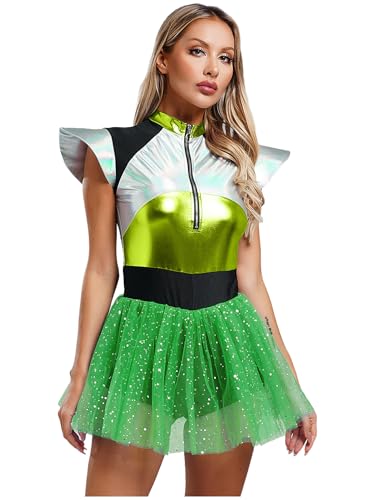 MSemis Alien Kostüm Damen Glänzend Astronautbody Einfarbig Jumpsuit Tanzoverall mit Tüll Skater Rock Halloween Karneval Disco Outfit Grün A 3XL MSemis Alien Kostüm Damen Glänzend Astronautbody Einfarbig Jumpsuit Tanzoverall mit Tüll Skater Rock Halloween Karneval Disco Outfit Grün A 3XL von MSemis