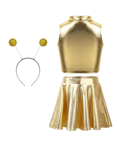MSemis Alien Kostüm Set für Mädchen 3 Stück Metallic Ärmellos Crop Top mit Minirock Haarreif Halloween Party Clubwear Gold 158-164 von MSemis