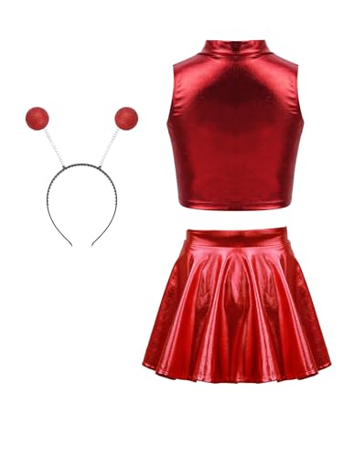 MSemis Alien Kostüm Set für Mädchen 3 Stück Metallic Ärmellos Crop Top mit Minirock Haarreif Halloween Party Clubwear Rot 134-140 von MSemis
