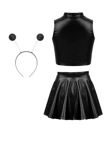 MSemis Alien Kostüm Set für Mädchen 3 Stück Metallic Ärmellos Crop Top mit Minirock Haarreif Halloween Party Clubwear Schwarz 122-128 von MSemis